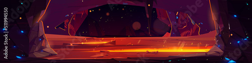 Cave with lava, underground nature landscape with glowing magma in cracked land and sparks. Hell infernal scene with stones, rocks, panoramic game background, wallpaper, Cartoon vector illustration