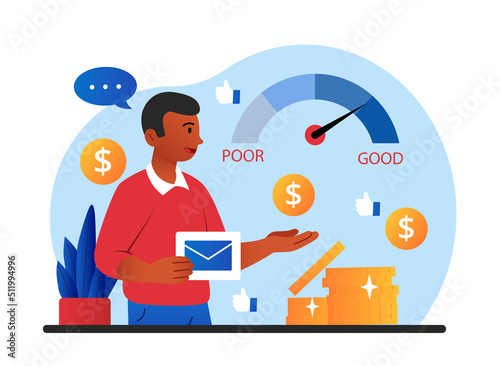 Credit assessment concept. Guy being checked in bank, income assessment. Investing and financial literacy. Working with statistics, analyzing salary information. Cartoon flat vector illustration