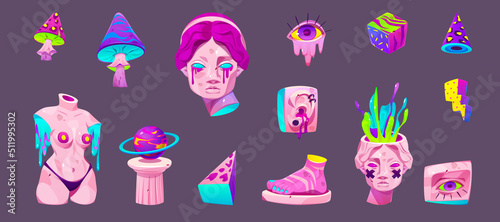 Psychedelic stickers with antique greek sculpture with bleeding eyes, naked female body without arms, mushrooms and planet on column, ear, foot, flash, cube. Cartoon vector set of acid design badges