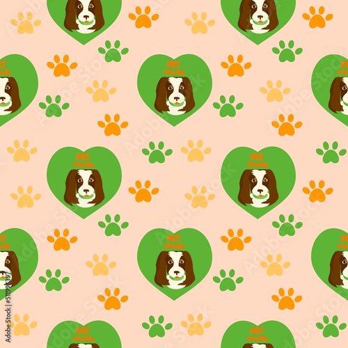 Seamless pattern with cute dog. Spaniel in heart, dog friendly text and finger print Vector illustration for kids room, pet hotel or zoo market