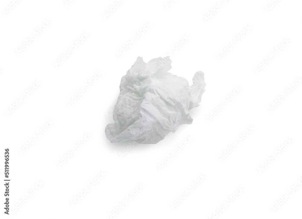 Single screwed or crumpled tissue paper after use isolated on white background with clipping path