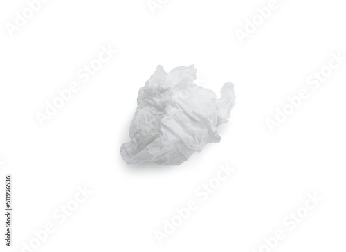 Single screwed or crumpled tissue paper after use isolated on white background with clipping path
