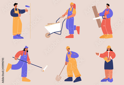 Set of repair service workers. Builders, repairmen, construction and renovation employees or foreman. Male and female characters in uniform with professional tools, Line art flat vector illustration