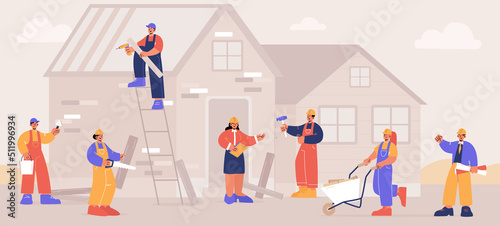 Home renovation workers crew building or repair house. Repairman team finishing facade, builders apartment improvement or restoration works, professional service Line art flat vector illustration