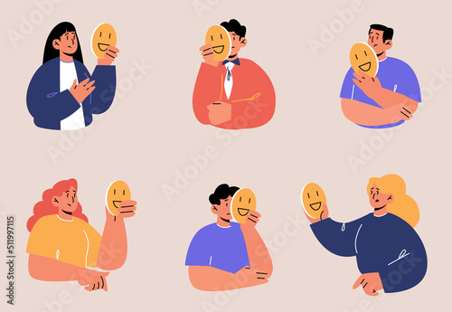 Set of people hiding faces behind of social masks with fake positive emotions. impostor syndrome, hypocrisy. Sad men and women disguising real feelings and identity, Line art flat vector illustration