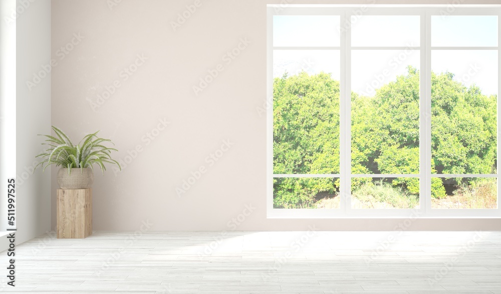 White empty room with summer landscape in window. Scandinavian interior design. 3D illustration White empty room with summer landscape in window. Scandinavian interior design. 3D illustration