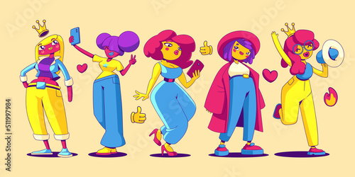 Girl bloggers, popular fashion and beauty influencers in contemporary art style. Vector comic female characters, pretty fame women with phones, social media queen with crown