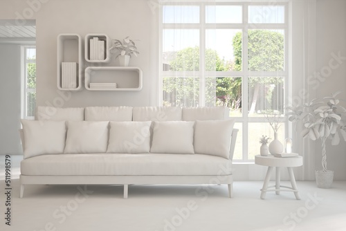 Mock up of stylish room in white color with sofa and green landscape in window. Scandinavian interior design. 3D illustration