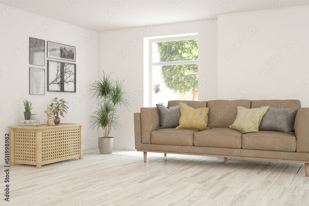 Fototapeta premium White living room with sofa and summer landscape in window. Scandinavian interior design. 3D illustration