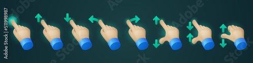 Click on touch screen hand gestures vector icons. Palm point arrow with pushed forefinger, scroll and drag, slip and swipe sign for device with sensory display