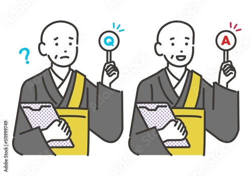 Q＆Aの札を持つお坊さんのアイコンベクターイラスト素材／葬儀／法事／住職