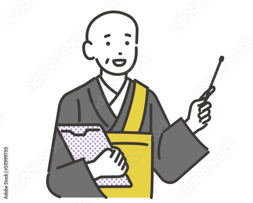 バインダーと指示棒を持って案内をするお坊さんのアイコンベクターイラスト素材／葬儀／法事／住職