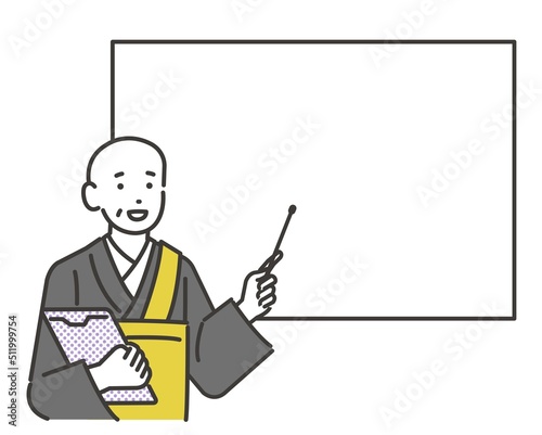 バインダーと指示棒を持ってホワイトボードを指すお坊さんのアイコンベクターイラスト素材／葬儀／法事／住職