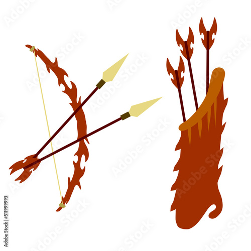 Bow and arrow. Taut bowstring. Fantastic weapons. Set of objects. Flat cartoon illustration. Shooting and hunting element