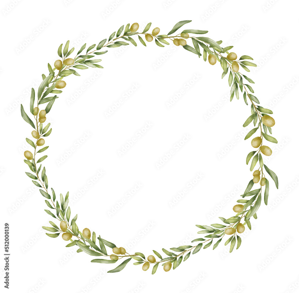 Round wreath with Olive branch watercolor drawing. Hand drawn frame with olive leaves isolated on white background. Round wreath with Olive branch watercolor drawing. Hand drawn frame with olive leaves isolated on white background.