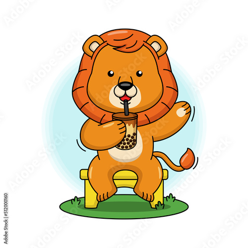 Cartoon illustration of cute lion drinking milk bubble tea