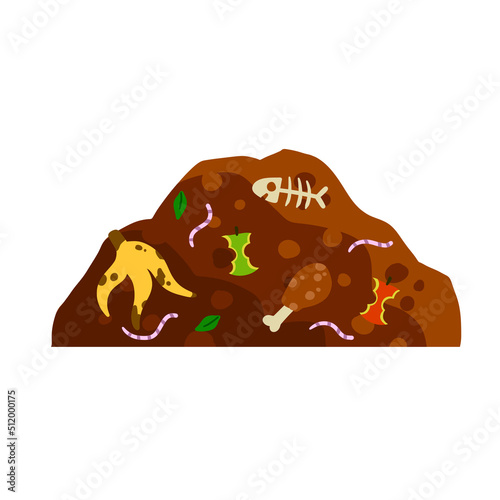 Compost soil. Pile of earth with worms. Farming and food waste. Ecological humus. Flat cartoon