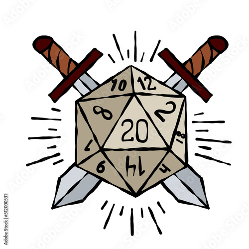 Cartoon dice for fantasy dnd and rpg Board game. Outline cartoon with medieval sword