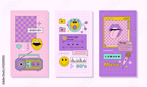 Vaporwave Music Template Social Media Stories. Retro Desktop with Frames, Player Elements. Vector Background