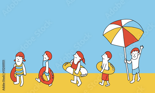 浮き輪を持ってプールに行く子供たちのイラストレーションフレーム