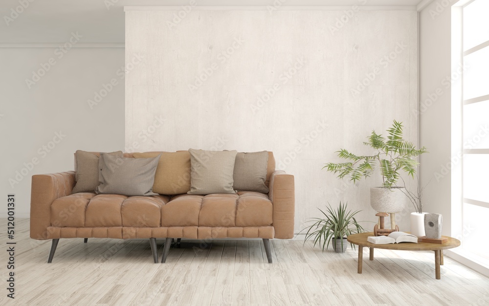 Fototapeta premium White living room with sofa. Scandinavian interior design. 3D illustration