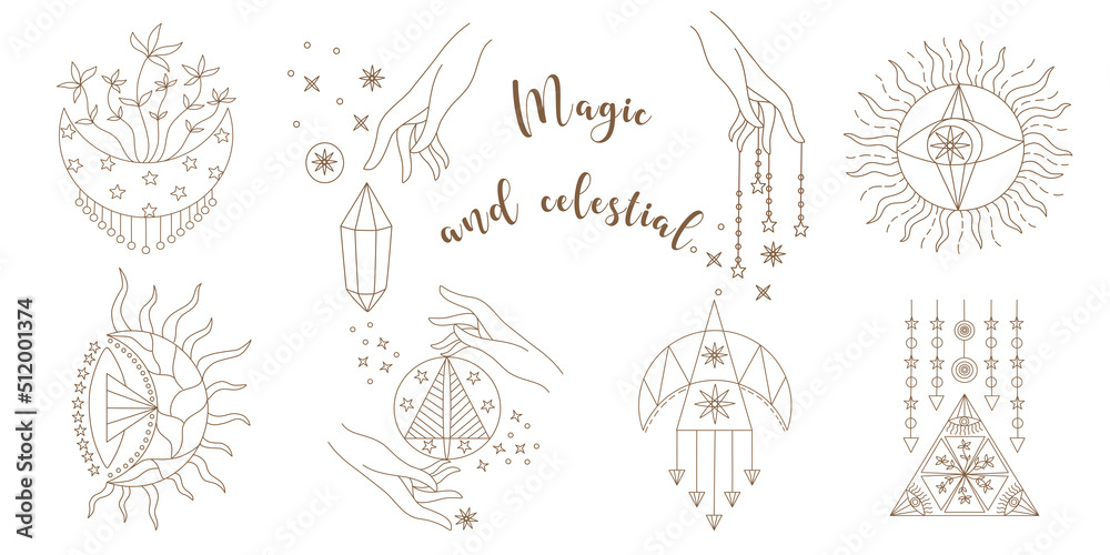 Vector set of magic and sky elements designed in doodle style, brown lines on white background for card. Digital printing, scrapbooks, tattoos, t-shirt designs, stickers, and more.