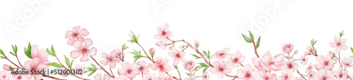 Branch of Cherry blossom watercolor seamless border on white backgraund. Japanese flowers frame. Floral pink background © Elena