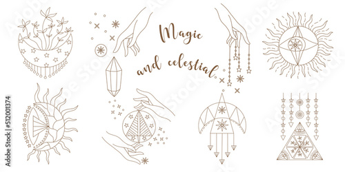 Vector set of magic and sky elements designed in doodle style, brown lines on white background for card. Digital printing, scrapbooks, tattoos, t-shirt designs, stickers, and more.