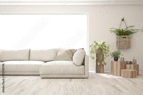 White living room with sofa. Scandinavian interior design. 3D illustration