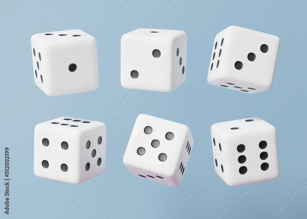 White dice set one two three four five six Cartoon minimal floating on sky blue pastel background. Composition template, fortune game concept. 3d render illustration White dice set one two three four five six Cartoon minimal floating on sky blue pastel background. Composition template, fortune game concept. 3d render illustration