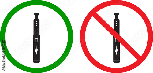 no vaping and vaping area signs. vape and smoke prohibition and green access circles. vaping area sign. electronic cigarette sign. flat style.