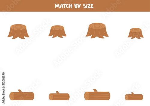 Matching game for preschool kids. Match stumps and logs by size.