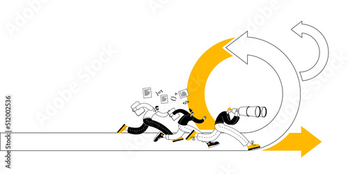 A man with a laptop runs along the arrow. Vector illustration on the topic of agile methodology. photo