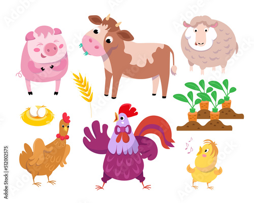 Cute farm animals. Vector color illustrations on white background. Icons for design of posters  books  puzzles.