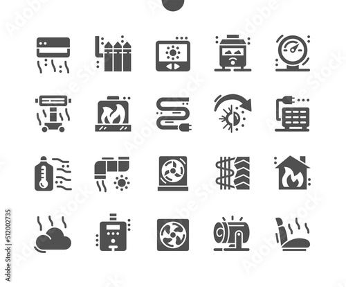Heating. Temperature regulator. Electric batteries. Smart heating. Fireplace. Vector Solid Icons. Simple Pictogram