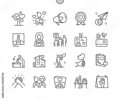 Volunteers. Donate and kindness. Humanitarian aid. Volunteers Day. Volunteer center. Pixel Perfect Vector Thin Line Icons. Simple Minimal Pictogram