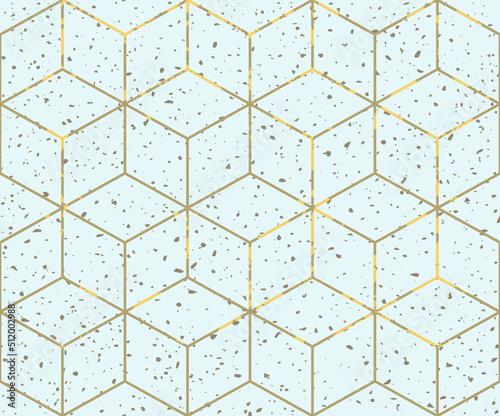 Light blue grunge grain and hexagonal lattice texture. Floor tiles or wall texture print. Seamless geometric volume pattern. Fashion graphics background design. 3D cube shapes. Vector wallpapers