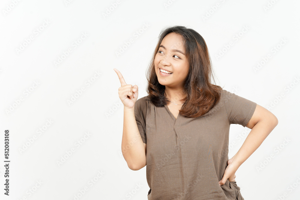 Showing Product and Pointing Side of Beautiful Asian Woman Isolated On White Background Showing Product and Pointing Side of Beautiful Asian Woman Isolated On White Background