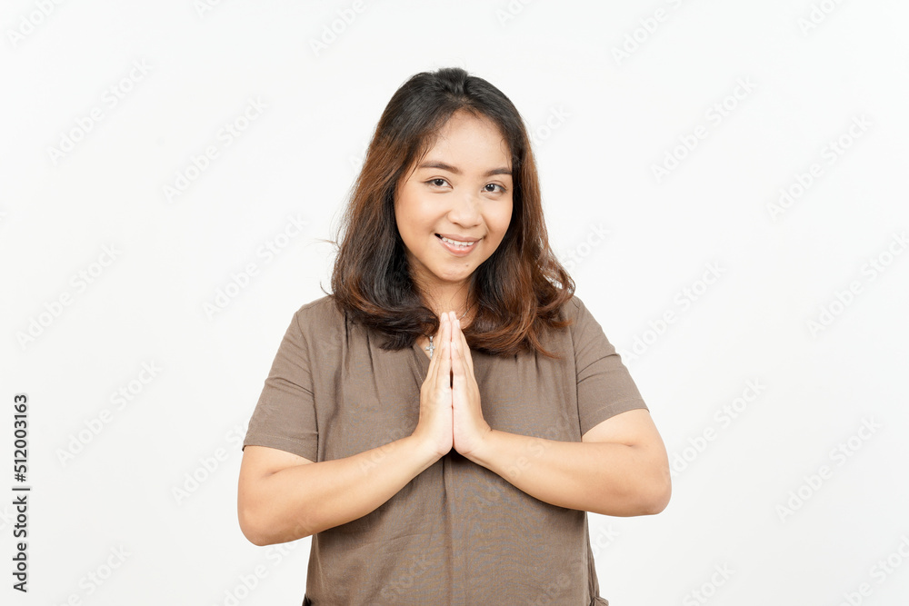 Doing Namaste Greeting of Beautiful Asian Woman Isolated On White Background