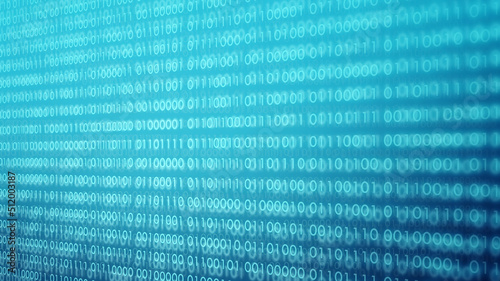 power of big data. binary code information bit on computer monitor screen display. Led light text number one and zero. blur defocus blue bokeh light. technology graphic design background concepts