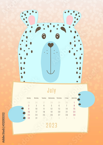 2023 july calendar, cute polar snow leopard animal holding a monthly calendar sheet, hand drawn childish style