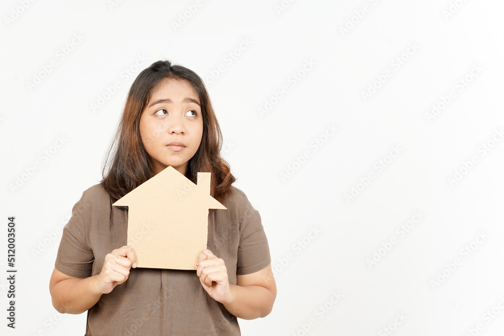 Holding House Cutout of Beautiful Asian Woman Isolated On White Background Holding House Cutout of Beautiful Asian Woman Isolated On White Background