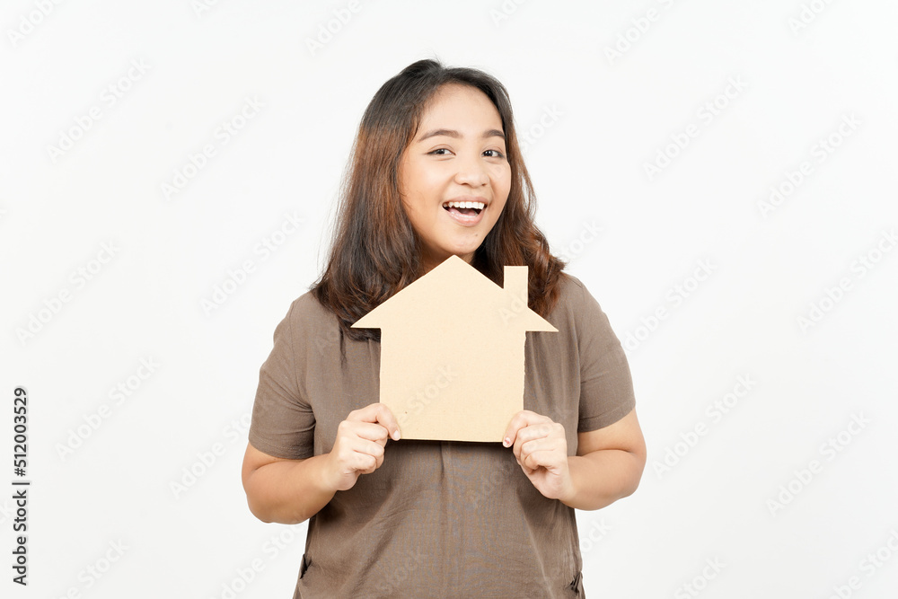 Holding House Cutout of Beautiful Asian Woman Isolated On White Background Holding House Cutout of Beautiful Asian Woman Isolated On White Background