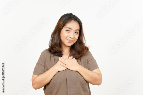 Self love, hand on chest of Beautiful Asian Woman Isolated On White Background