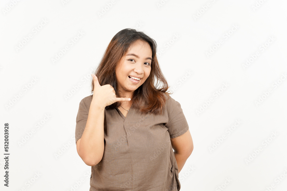Call me back gesture of Beautiful Asian Woman Isolated On White Background Call me back gesture of Beautiful Asian Woman Isolated On White Background