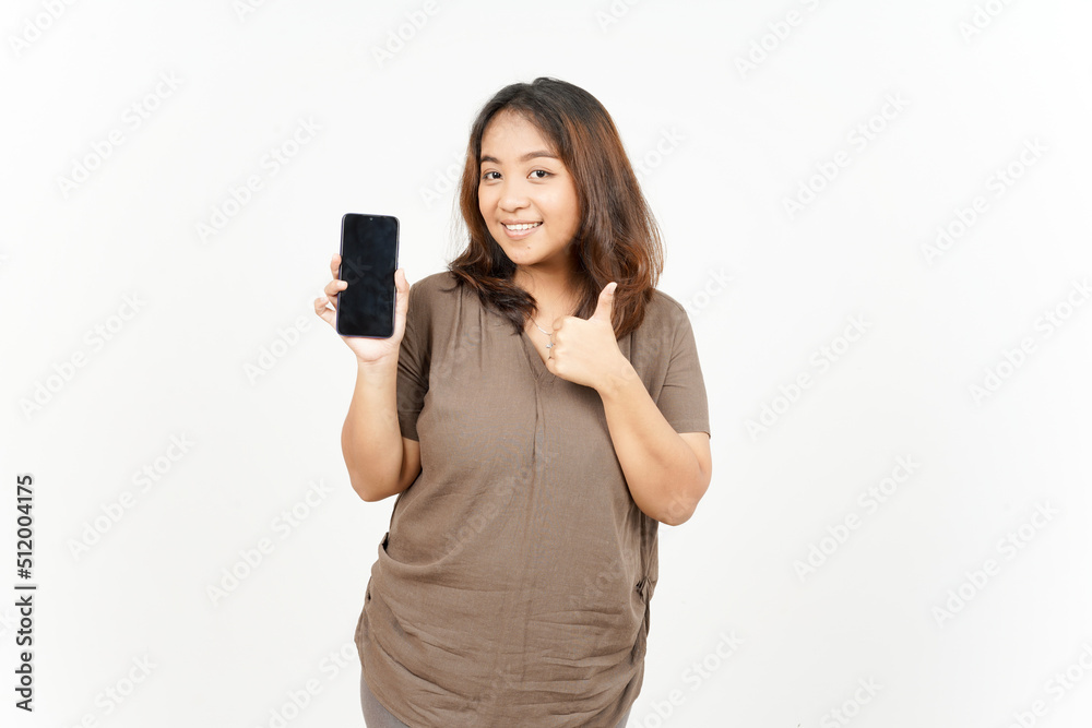 Showing Apps or Ads On Blank Screen Smartphone of Beautiful Asian Woman Isolated On White Background Showing Apps or Ads On Blank Screen Smartphone of Beautiful Asian Woman Isolated On White Background