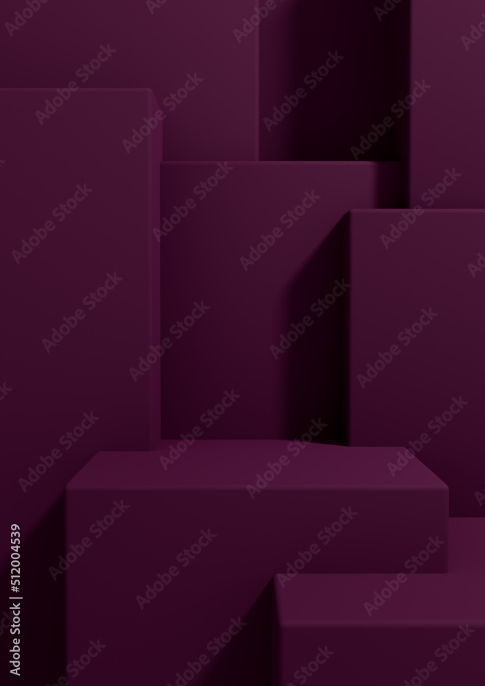Dark magenta, purple 3D rendering product display wallpaper with podium or stand good fore one or two luxury products on simple, minimal, abstract, geometry product photography background