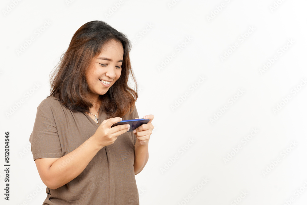 Playing Mobile Game on Smartphone of Beautiful Asian Woman Isolated On White Background Playing Mobile Game on Smartphone of Beautiful Asian Woman Isolated On White Background