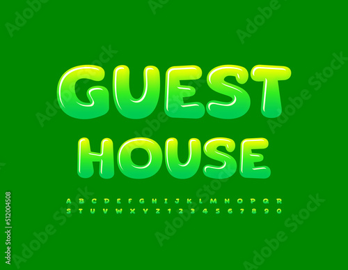 Vector creative Banner Guest House. Cute green Font. Artistic Alphabet Letters and Numbers