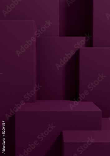 Dark magenta, purple 3D rendering product display wallpaper with podium or stand good fore one or two luxury products on simple, minimal, abstract, geometry product photography background